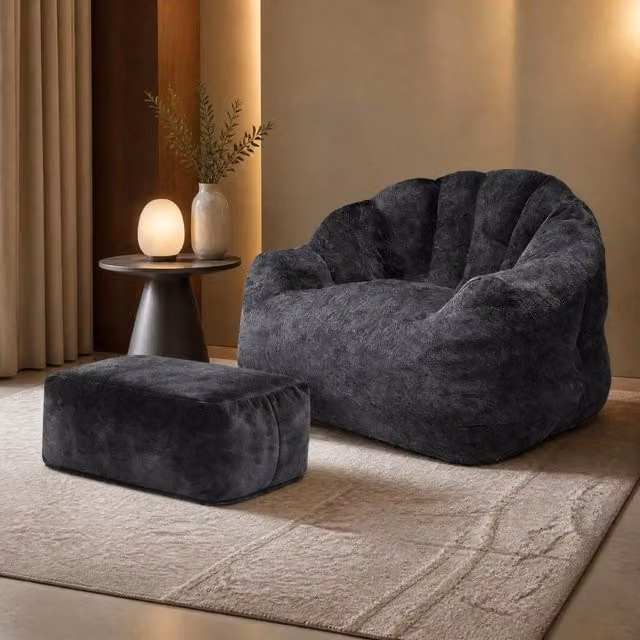 Poltrona con pouf a petalo OKWISH in tessuto flanella nero per salotto e studio – 1