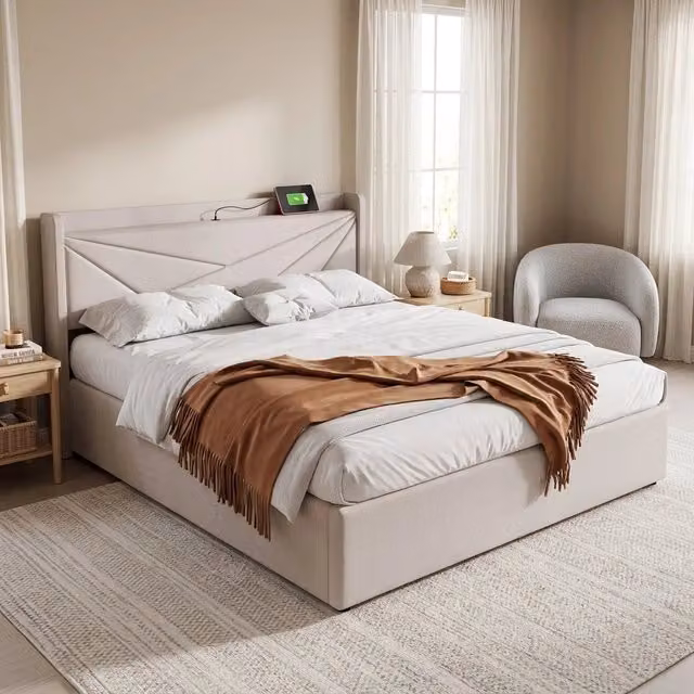 Letto matrimoniale con contenitore 180x200 cm; testiera con USB e Type-C; beige