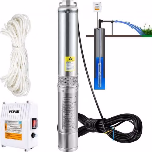 VEVOR Pompa Sommergibile d'Acqua in Acciaio Inox Silver da 1100 W con Flusso max. 190 L/min e Prevalenza max. 57 m per Piscina, Giardino e Pozzi Profondi con Scatola di Controllo Esterna e Cavo da 20 m