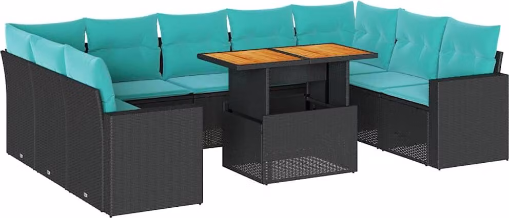 Set Divani da Giardino 10pz con Cuscini in Polyrattan Nero