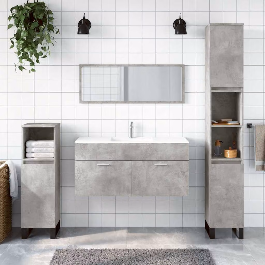 Mobile da bagno con specchio vidaXL in stile minimalista, colore grigio cemento e legno, montaggio a parete