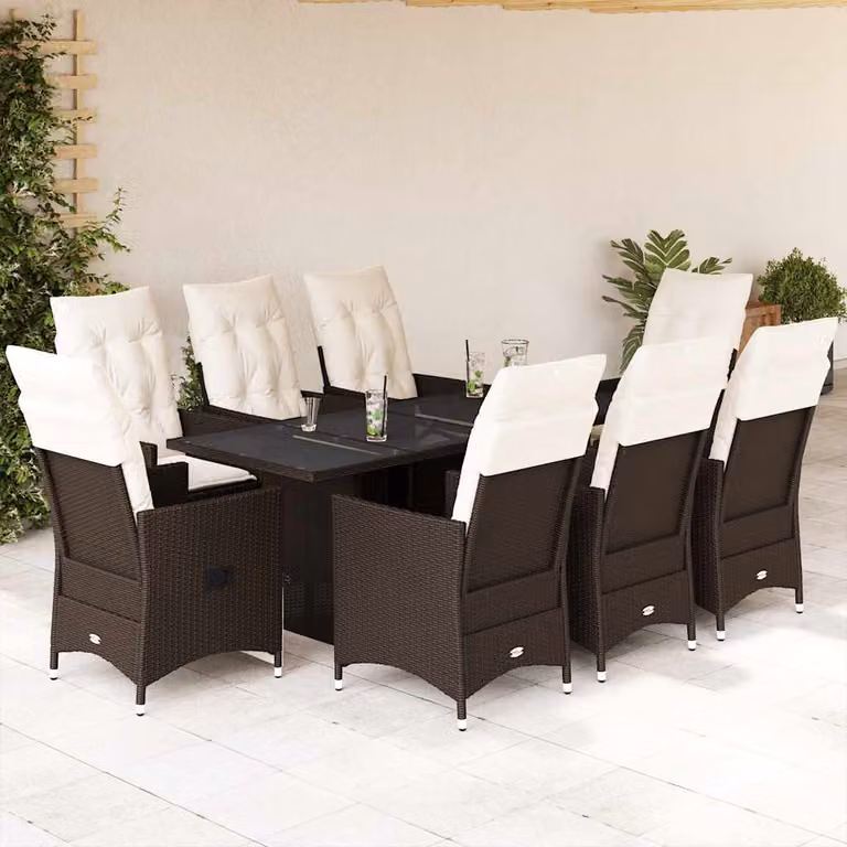 Set da Pranzo da Giardino vidaXL in Polyrattan Marrone con Cuscini Bianchi, 9 Pezzi