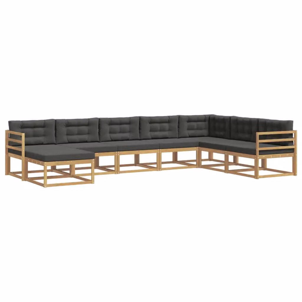Set di divani da esterno a L vidaXL in legno di acacia con pouf e cuscini, Bianco e Antracite – 2