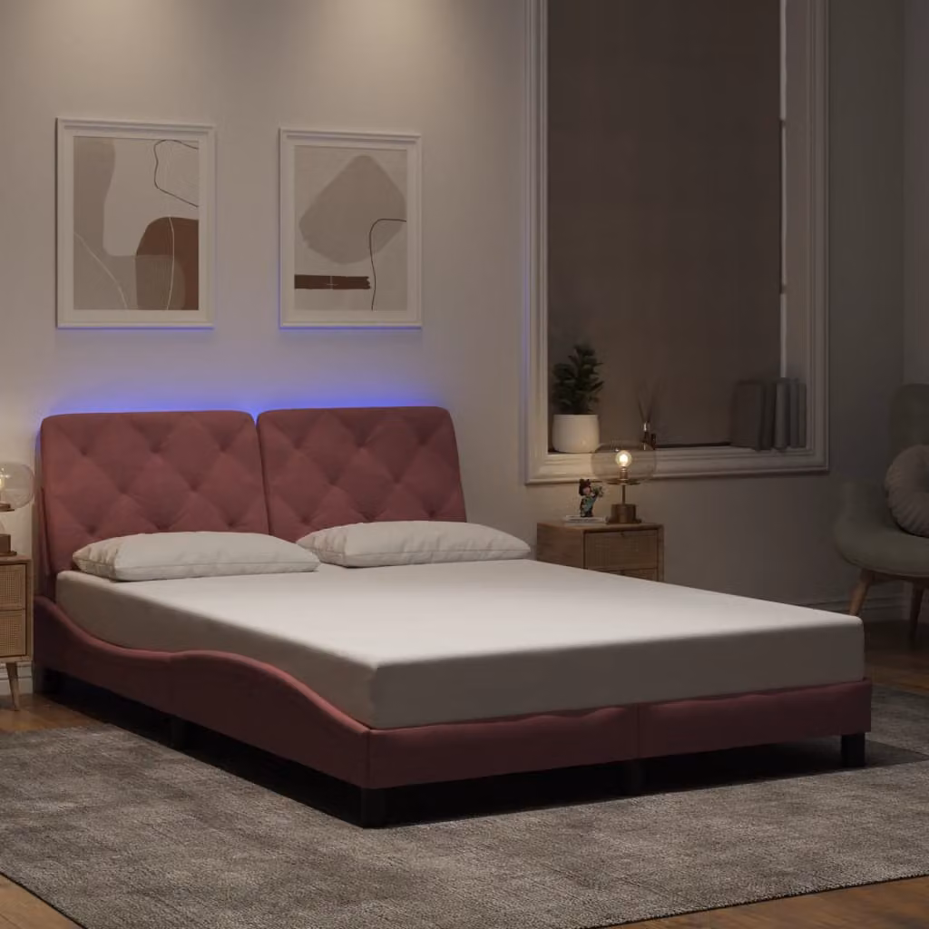 vidaXL Giroletto in Velluto Rosa con Illuminazione LED e Porta USB, L 140 x P 200 cm – 1