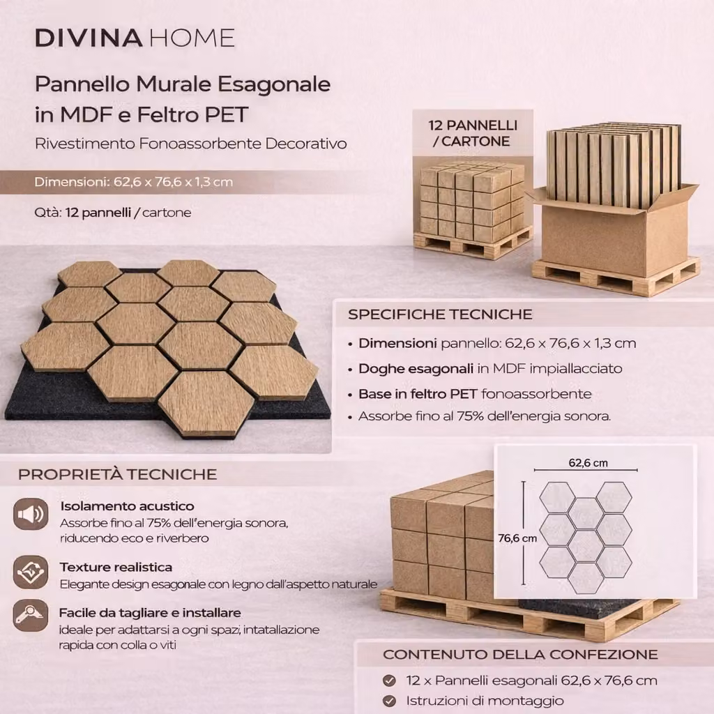 Set di 12 pannelli decorativi fonoassorbenti Giordanoshop con motivo esagonale in MDF e feltro PET, effetto legno rovere, colore marrone, L: 62 cm, H: 76,6 cm – 2