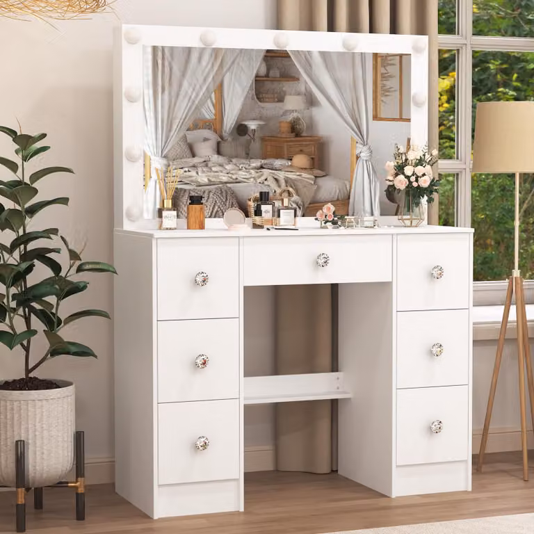 Comò moderno con specchio a LED - Bianco - 100x40x140 cm - MDF e vetro - 7 cassetti