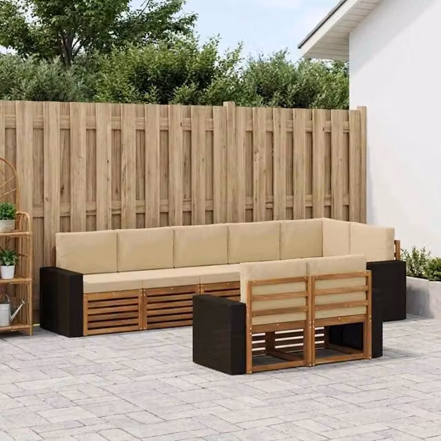 Set di divani da esterno vidaXL a forma di L composto da 8 pezzi in legno di acacia e tessuto beige resistente ai raggi UV con cuscini inclusi – 1
