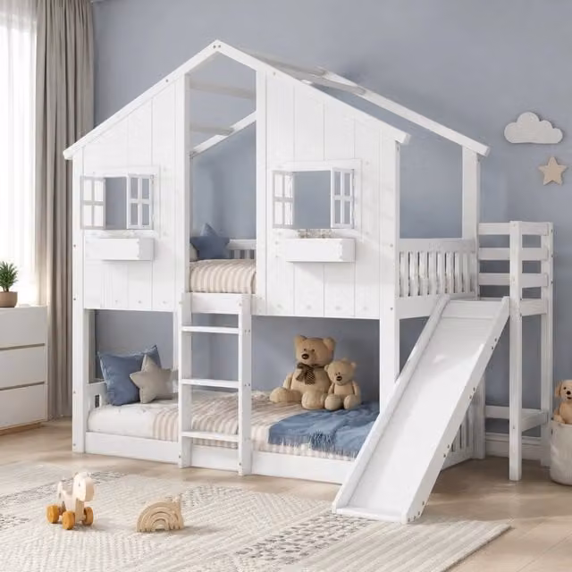 Letto a castello ULEVR 90x200 cm con scivolo, tetto, finestre e scala a 3 gradini, bianco e naturale