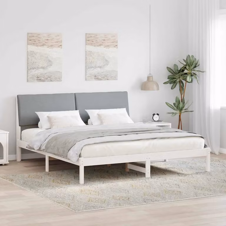 Struttura del letto moderna vidaXL in legno di pino e tessuto, Bianco e Grigio, L/P/H: 180 x 200 x 103,5 cm