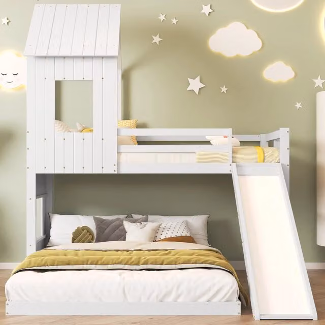 Letto a castello con scivolo casa bambini legno bianco 90x200 e 140x200 cm