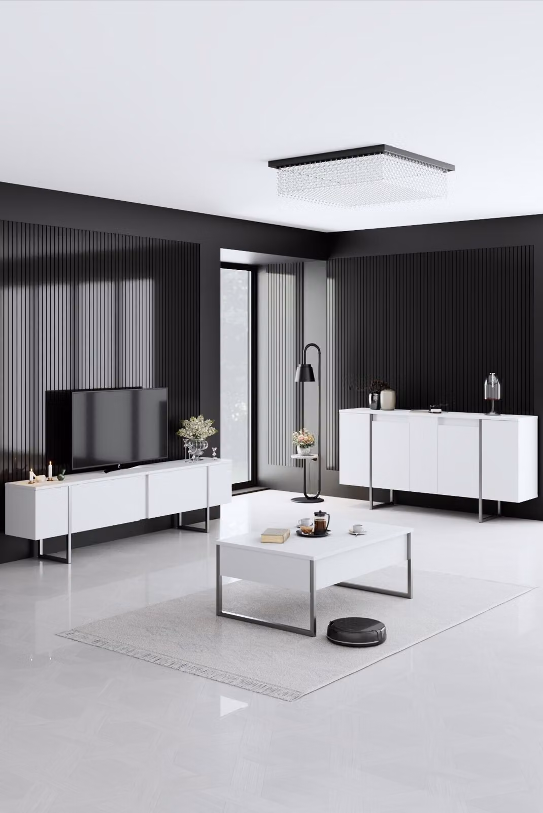 Skye Decor, Luxe - Bianco, Argento, Set di mobili per soggiorno, Bianco, 100% PANNELLI DI PARTICELLE RIVESTITI IN MELAMMINA, 180 x 30 x 50 cm