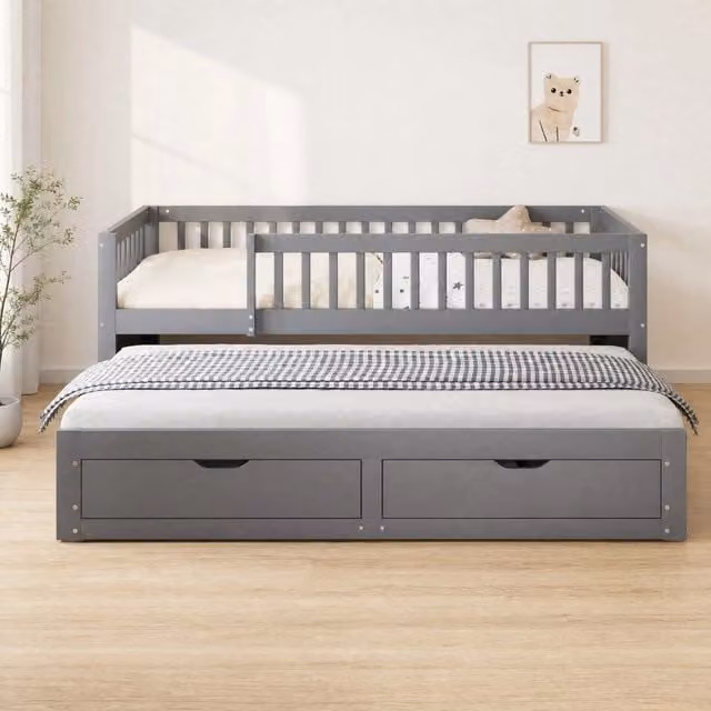 Letto estraibile 90 × 200 cm con rete a doghe in legno grigio sponde di sicurezza due cassetti salvaspazio