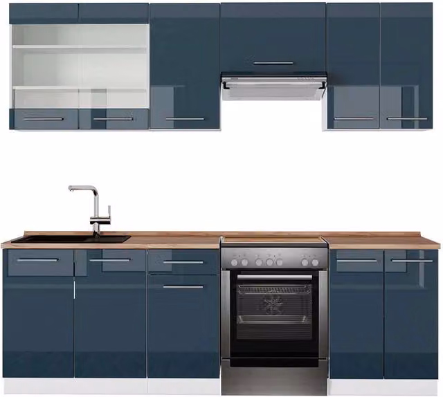 Cucina componibile moderna Fame-Line Vicco Blu scuro lucido e Bianco, L: 240 cm
