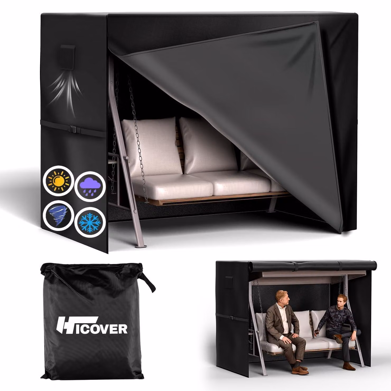 Copertura per amaca hollywoodiana, 3 posti, impermeabile, tessuto Oxford 600D, colore nero, dimensioni 215x125x170 cm
