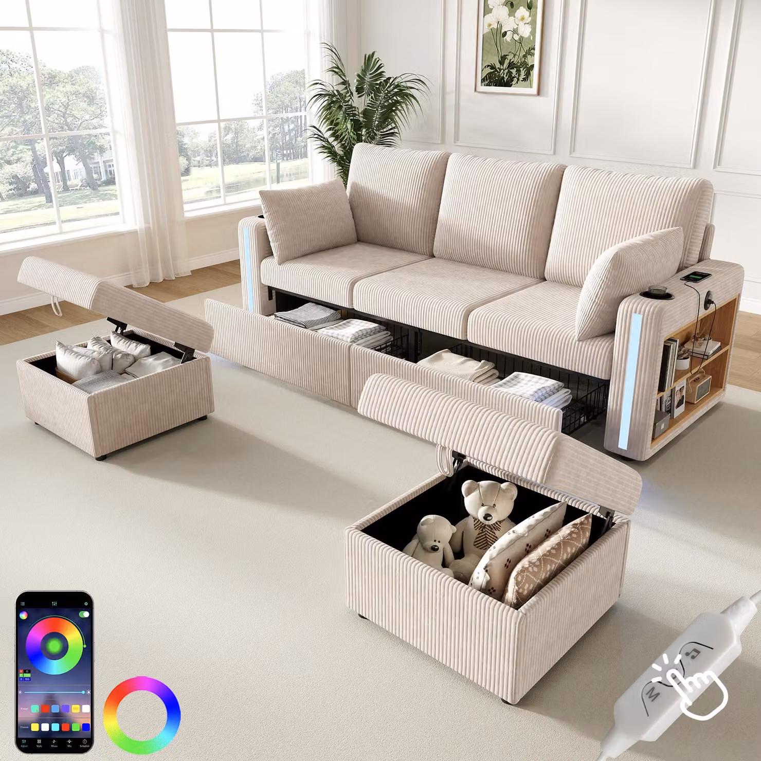 Divano modulare a forma di "U" Merax, divano angolare a 5 posti con 2 poggiapiedi contenitori, illuminazione ambientale a LED, porte USB/Type-C, divano "Cord" con 3 cassetti, divano, color beige
