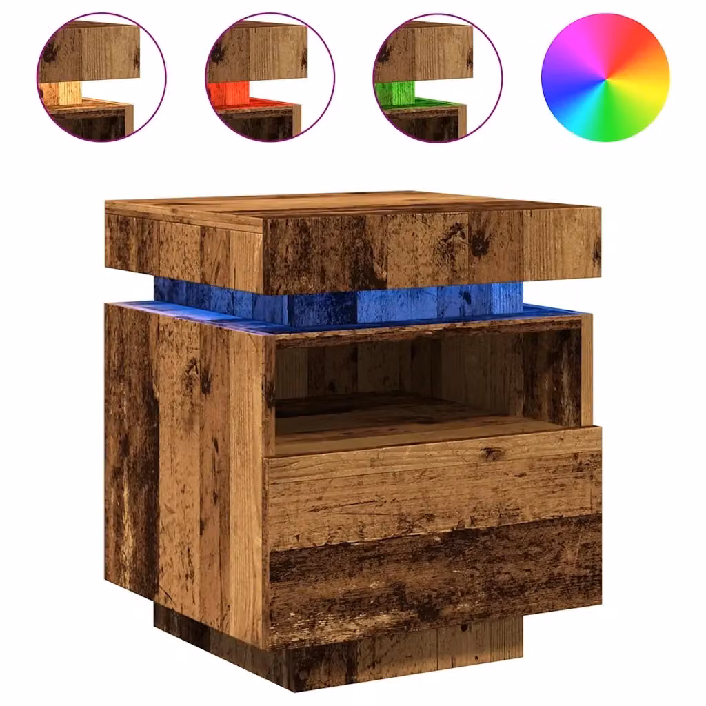 Set di 2 Comodini Design Mania con Luci LED integrate in Legno Antico Marrone L 40 cm, P 39 cm, H 48,5 cm – 2