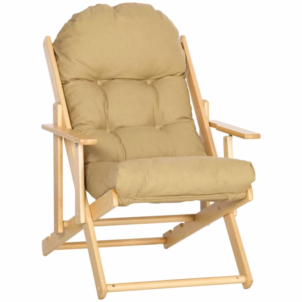 Poltrona relax pieghevole Chicfurn con struttura in legno di faggio e cuscino imbottito in tessuto marrone e beige