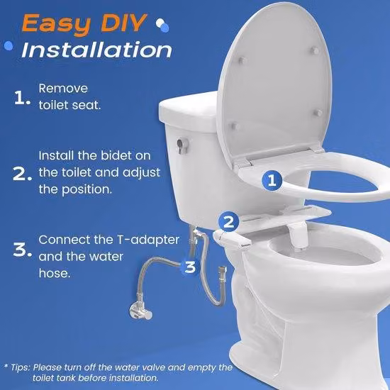 Unyqoos® Accessorio bidet ultrasottile da 0,5 cm – bidet per WC non elettrico con doppia ugello, pressione dell'acqua regolabile, adattatore a T in ottone e tubo flessibile in acciaio, compatibile con WC standard