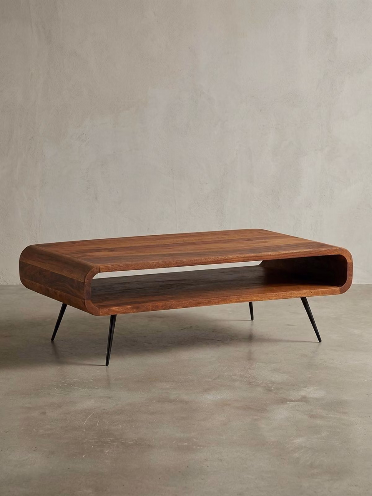Tavolo da soggiorno in legno massiccio, moderno ed elegante, in legno di sheesham, con vano portaoggetti. 90x55x30 cm | Kadima Design