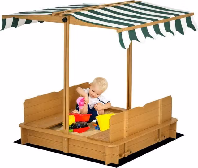 Sandbox per bambini Zephmum in legno chiaro con sedili e coperchio regolabile in altezza L/P: 106 x 106 cm