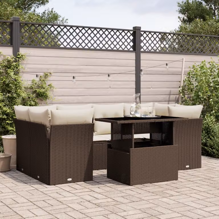 Set di Divani da Giardino vidaXL 7 pz a Forma a L con Cuscini Marrone e Bianco in Polyrattan e Acciaio