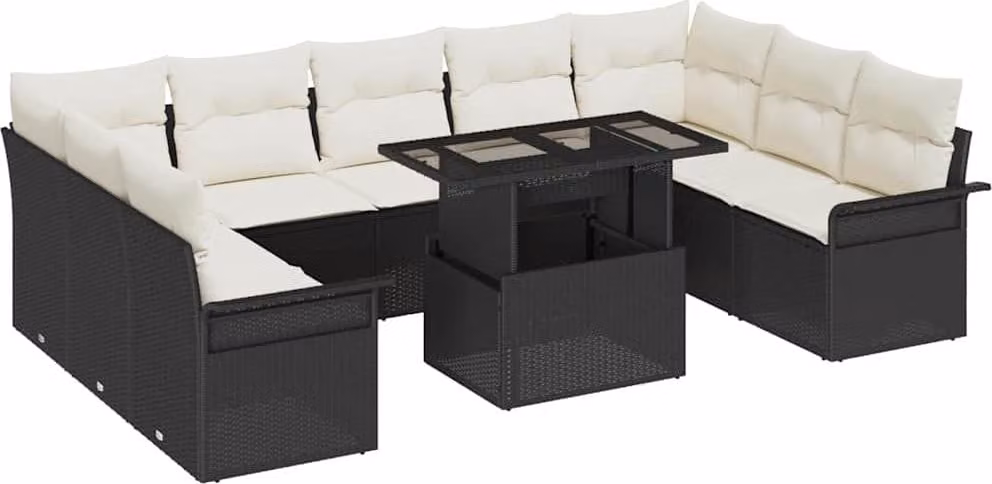 Set Divano da Giardino con cuscino 10 pcs Nero Poly Rattan