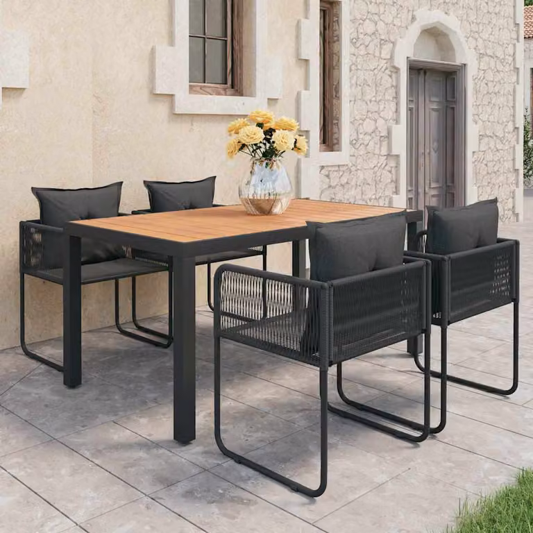Set da pranzo da giardino vidaXL in 5 pezzi in polyrattan nero, marrone e grigio con design moderno