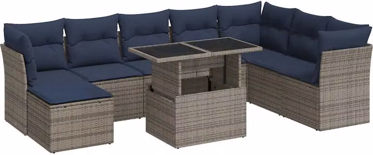 Set Divano da Giardino 9pz con Cuscini Grigio Polyrattan Acacia