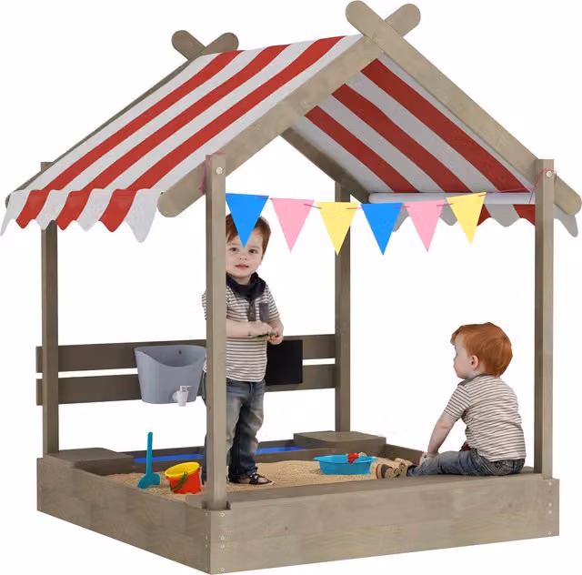 Sabbiera Outsunny con tettuccio e set di giochi in legno massello grigio L: 124 cm, P: 116 cm, H: 146 cm