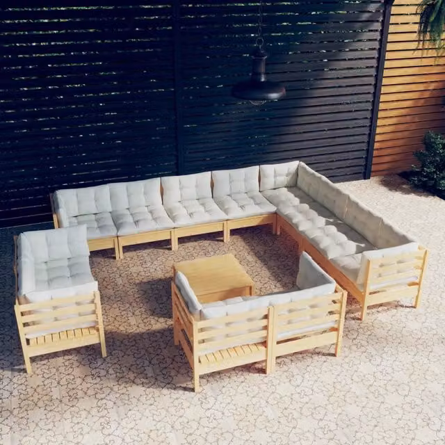 Set di Divani da Giardino vidaXL a Forma di U in Legno di Pino Massello con Cuscini Beige 13 Pezzi – 1