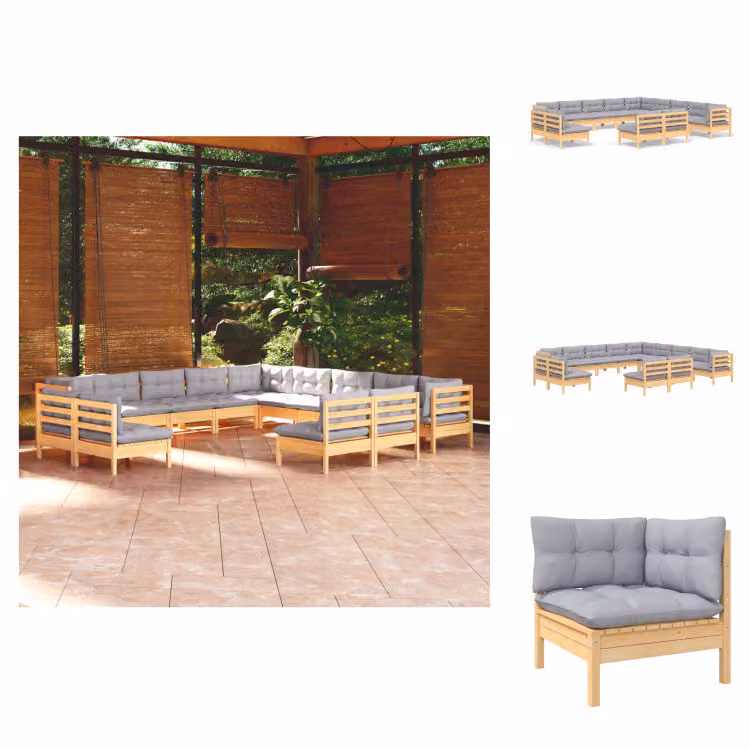 vidaXL Set di 13 pezzi da giardino con cuscini grigi in legno di pino massiccio - Set di mobili da giardino