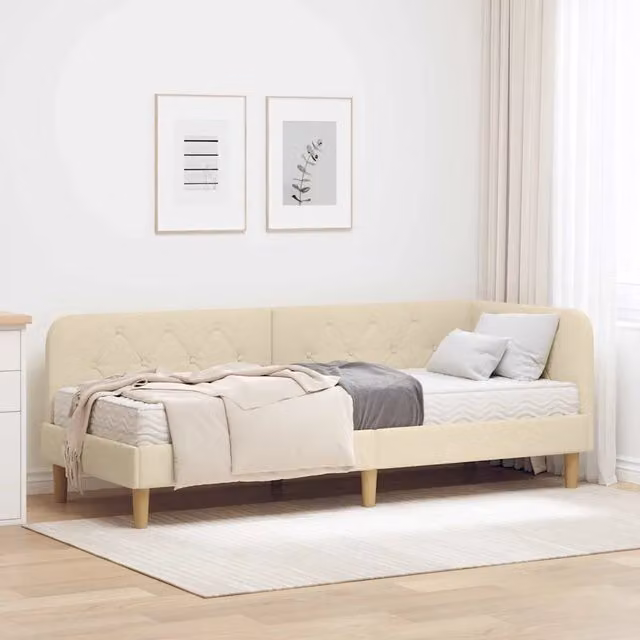 Cornice del letto ad angolo Crema 80 x 200 cm Tessuto 3394107