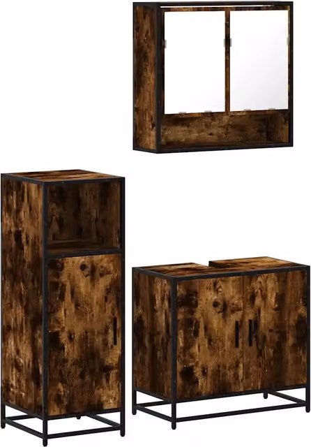 Set Mobili da Bagno Industrial in Legno e Metallo Marrone con Armadietto Specchiato e Mobile Lavabo – 1