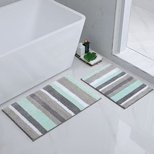 Homaxy Set di 2 tappetini da bagno antiscivolo in morbida microfibra assorbente a pelo lungo, 40 x 60 cm + 50 x 80 cm, colore: verde/grigio