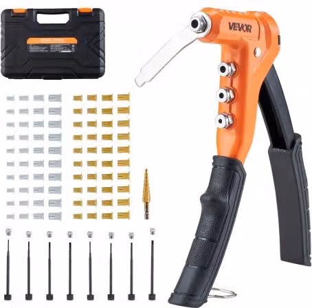 VEVOR Kit Rivettatrice per Filettati a Cricchetto da 230 mm, Arancione e Nero, con 8 Mandrini, Punta per Trapano a Gradini, 80 Dadi e Custodia in Plastica per Montaggi Metallici e Mobili