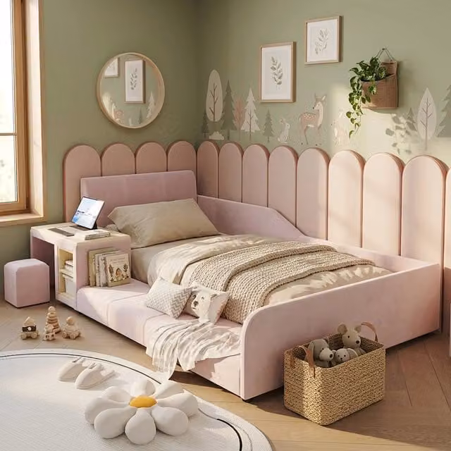 Letto singolo Mivray rosa con testiera in velluto, scrivania e sgabello integrati, L/P: 90 x 200 cm