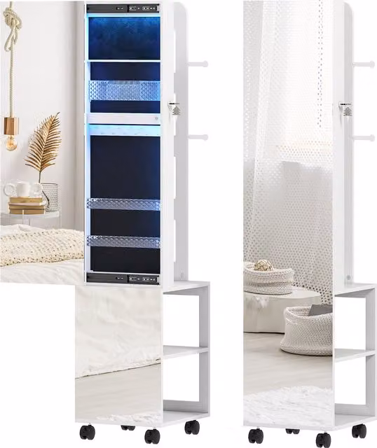 Armadio Portagioie HOMCOM con Specchiera Girevole a 360°, Luce LED Regolabile, Serratura e Ripiani, Nero, L/P/H: 37 x 40 x 165.5 cm