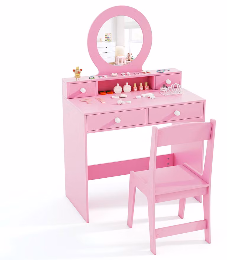 COSTWAY Set da trucco 2 in 1 per bambini, tavolino da trucco per bambini con sgabello, specchio, ripiano e 4 cassetti, tavolino da toeletta, tavolino per cosmetici per bambini dai 3 anni in su