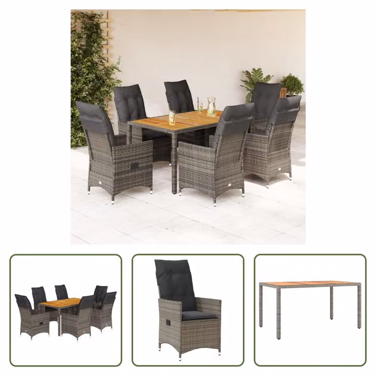 The Living Store Set da pranzo da giardino 7 pezzi con cuscini in poly rattan grigio