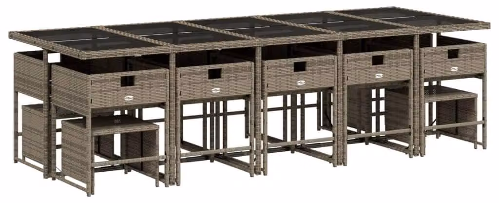 Set da salotto da esterno composto da 15 pezzi, color grigio, realizzato in rattan sintetico. Include cuscini. Resistente agli agenti atmosferici