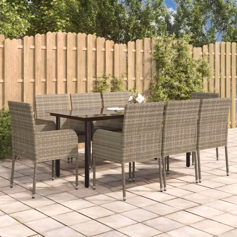 Set da pranzo da giardino vidaXL in polyrattan con 9 pezzi, tavolo rettangolare in vetro e cuscini, nero e grigio