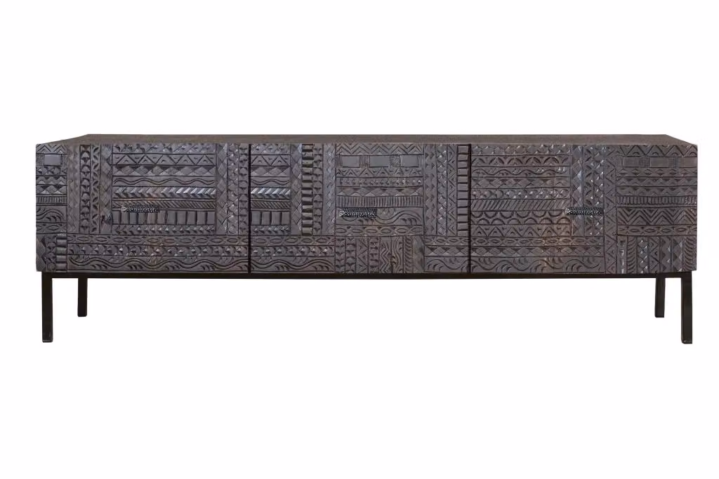 Credenza etnica a 3 ante in legno di mango intagliato e piedi in metallo nero, colore marrone – 2