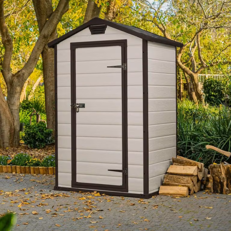 Dmora Casetta da Giardino Cranbrook 103x129x196h cm Beige, Resistente Agli Agenti Atmosferici Tetto a due Falde
