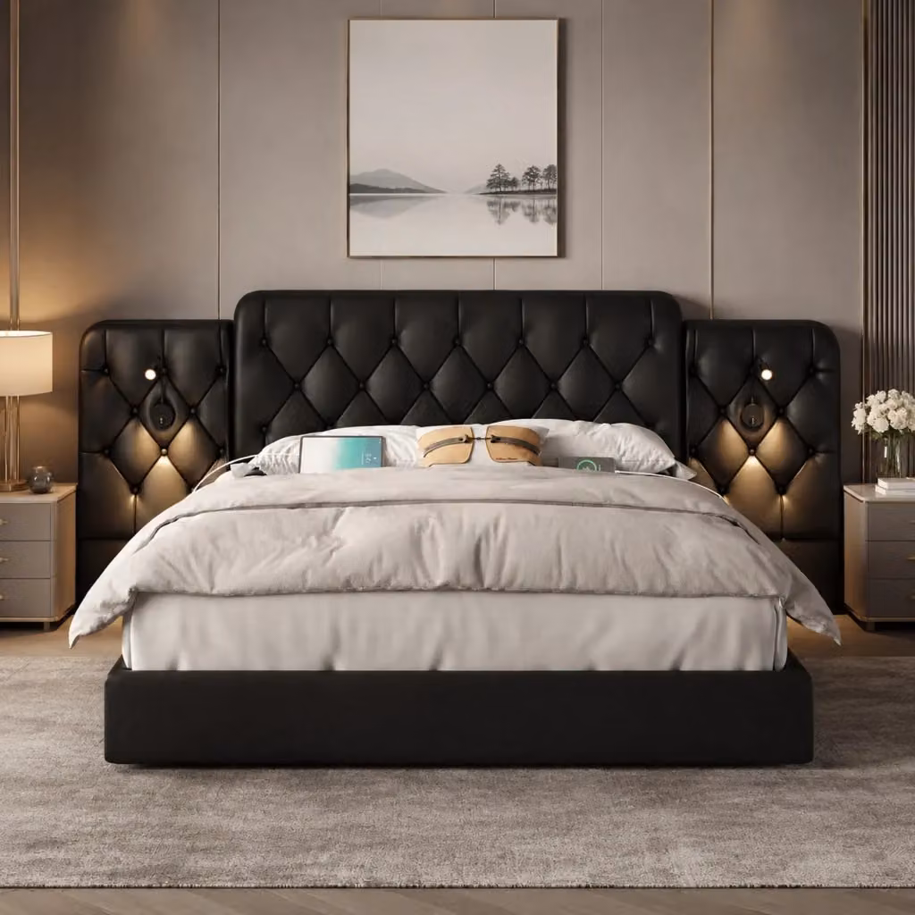 Letto matrimoniale MODFU con contenitore a sollevamento, rivestimento in ecopelle nera opaca, luci da lettura integrate e porte USB, L/P: 160 x 200 cm – 2