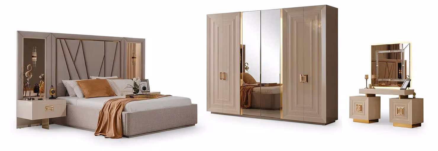 Set da camera da letto: comodino, letto, cassettiera, armadio, specchio, beige