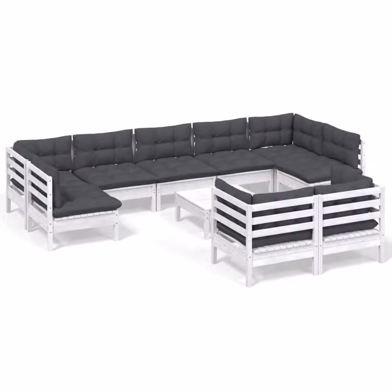 Set Divani da Giardino 10 pz con Cuscini Bianchi Legno di Pino