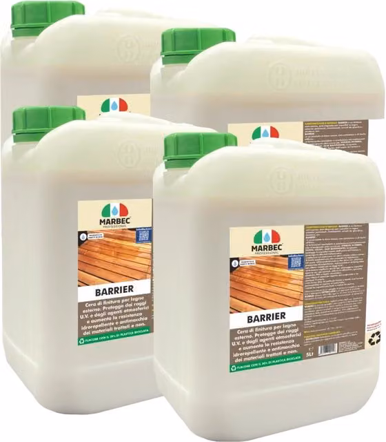 Cera per legno Marbec BARRIER opaca con protezione UV e idrorepellente, base acqua, colore bianco, confezione da 4 x 5 l