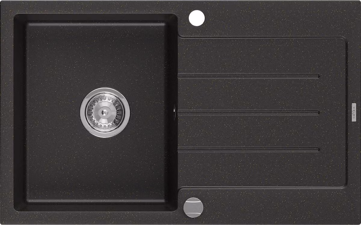 Mexen Bruno lavello in granito 1-vasca con scola piatti 795 x 495 mm, nero/oro metallizzato, sifone cromato- 6513791010-75