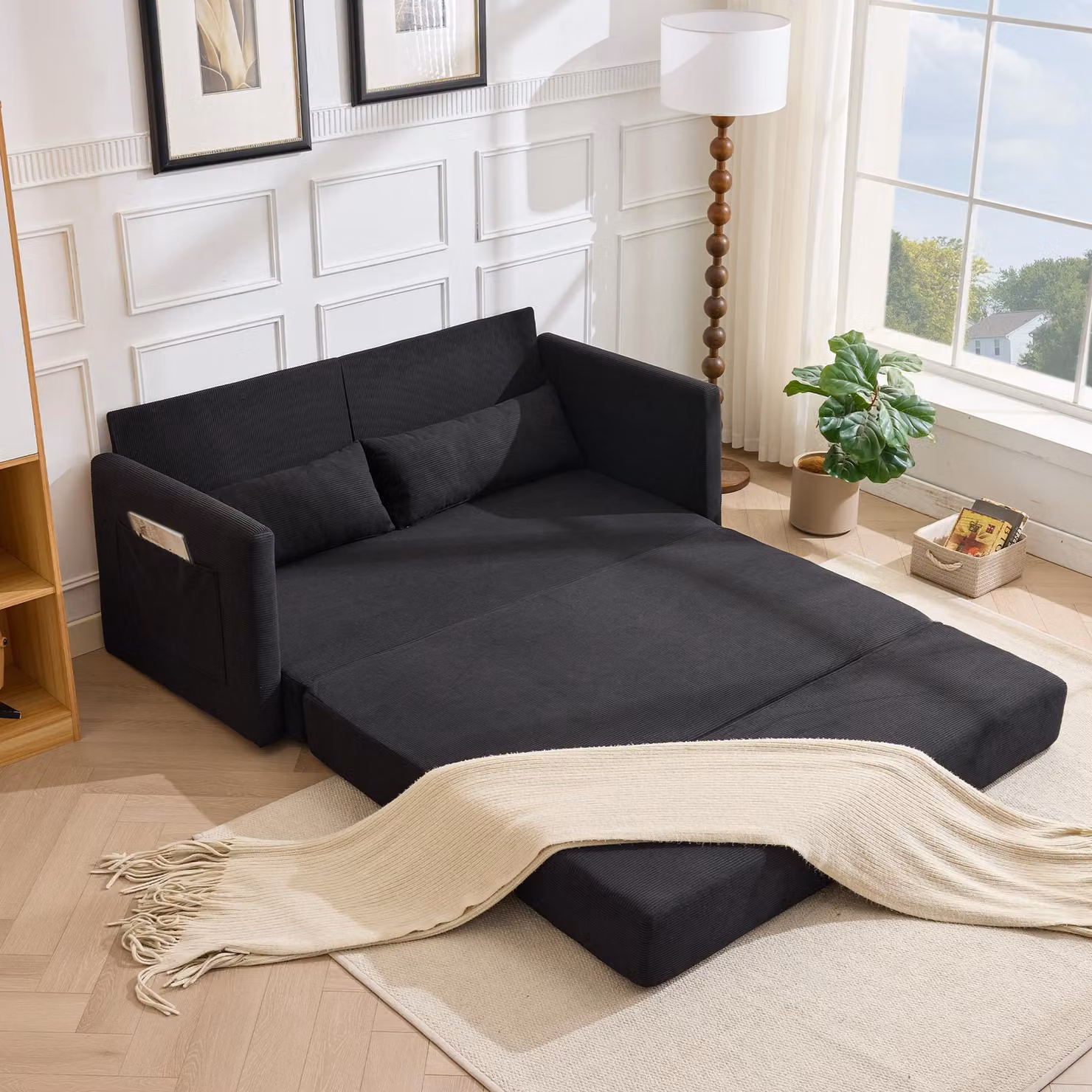 LVHOM Divano letto estraibile a 2 posti in velluto a coste, divano letto con funzione letto e tasche laterali, divano letto per ospiti incl. 2 cuscini, 165 x 92 x 82 cm, nero