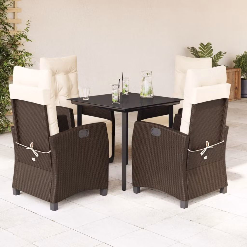 Set da Pranzo da Giardino vidaXL in Polyrattan Marrone con Cuscini e Tavolo in Vetro